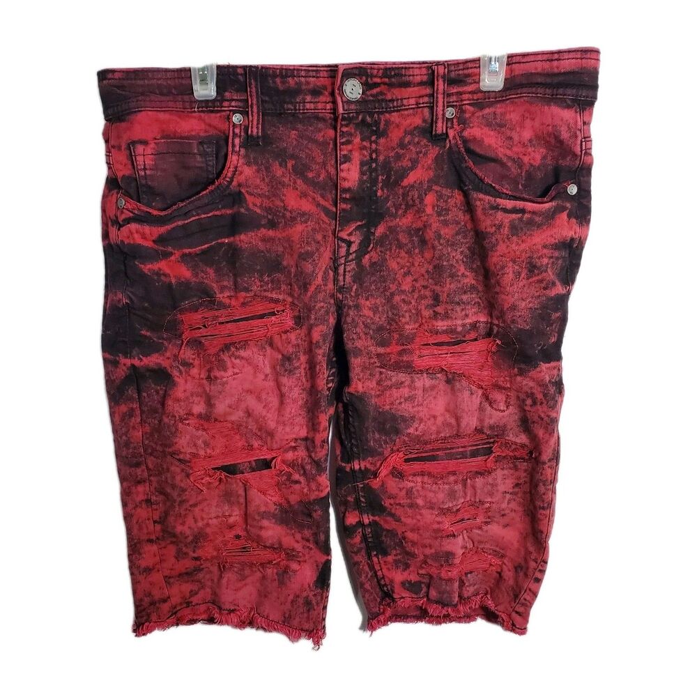 Jordan Craig Men's Distressed Denim Shorts Sz 32 Red Black 5 Pocket Casual Jeans